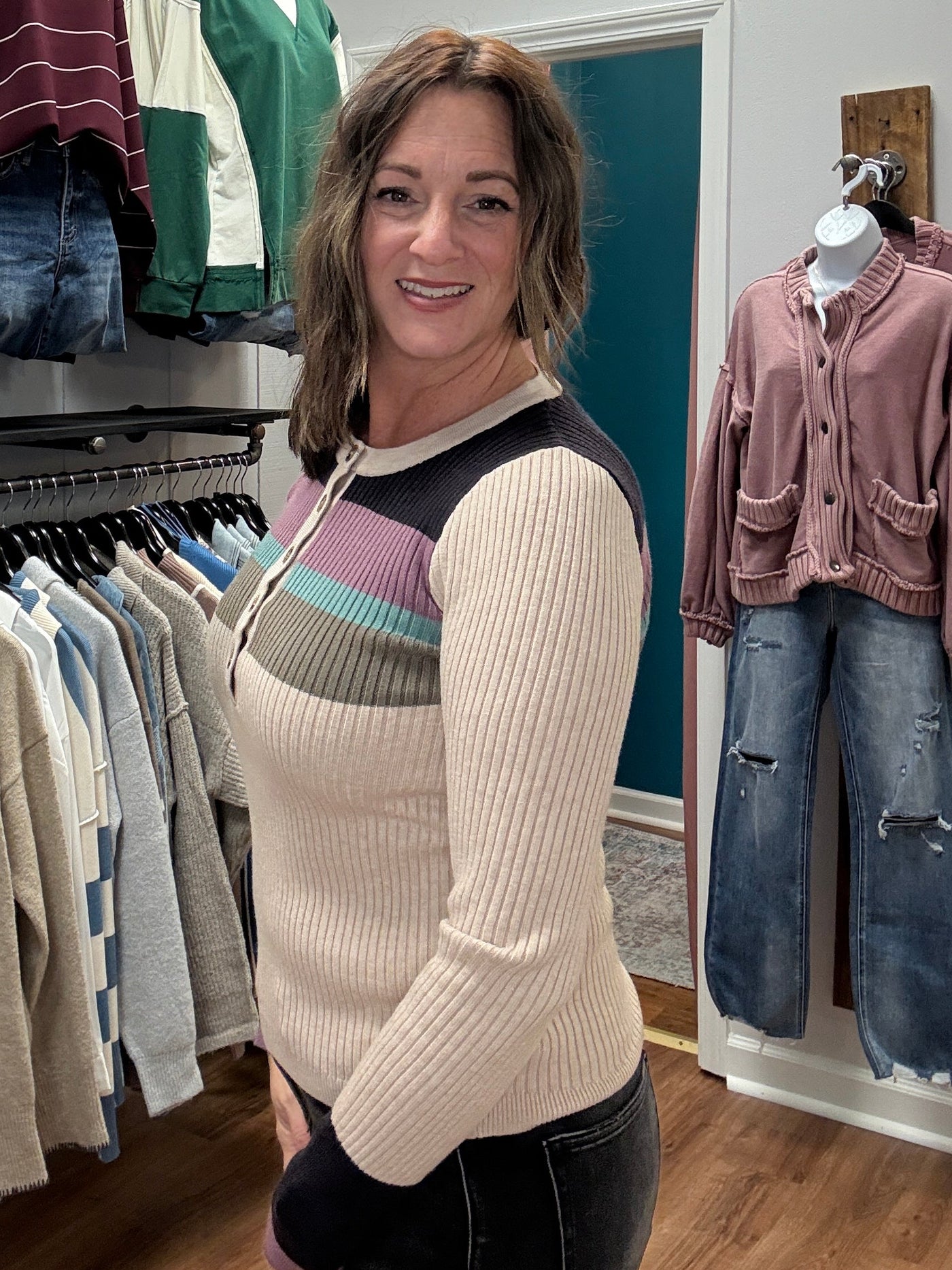 Lydia Color Block Ribbed Henley Top