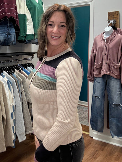 Lydia Color Block Ribbed Henley Top