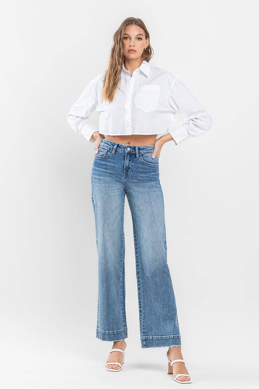FLYING MONKEY - HIGH RISE WIDE LEG JEANS WITH TROUSER HEM DETAIL F5391: PERMISSIBLE / 32