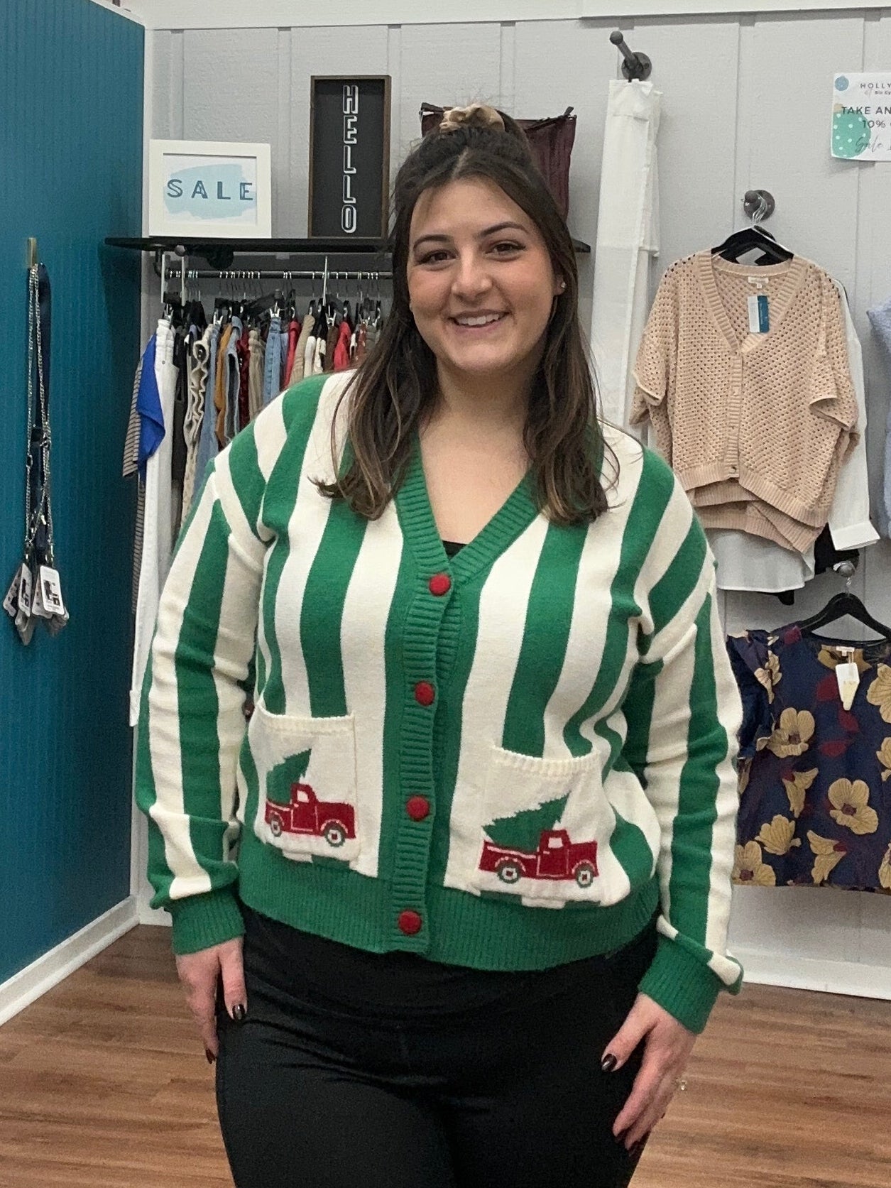 Christmas Truck Prined Pocket Stripe Cardigan