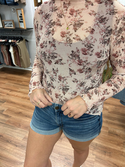 Whimsical Floral Mock Neck Knit Top