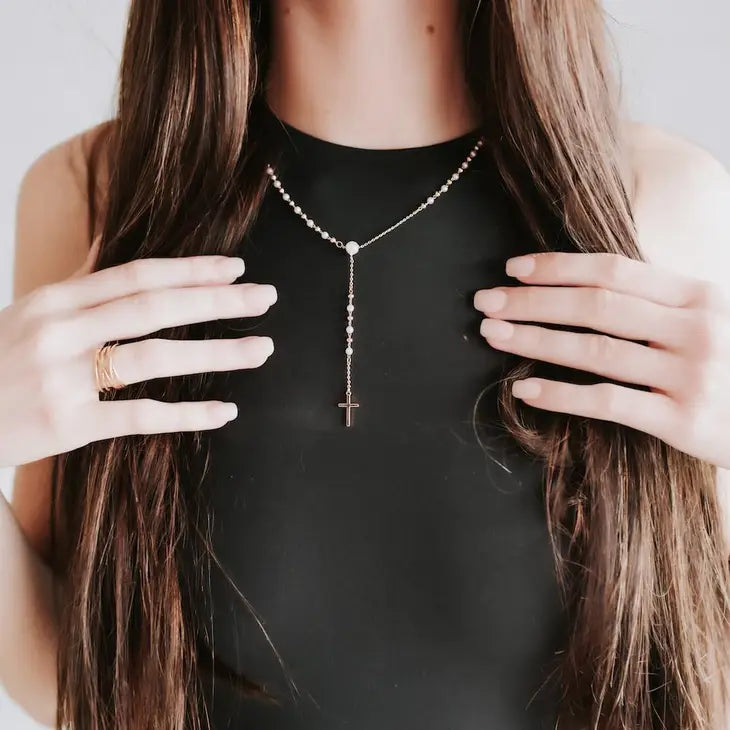 Soft Touch Y Drop Pearl & Cross Necklace