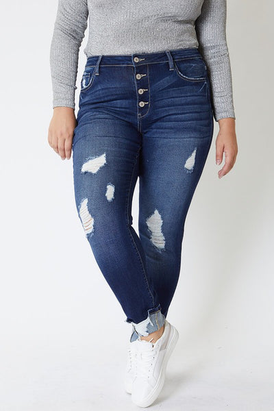 Hillary Button Fly Distressed Skinny Jeans